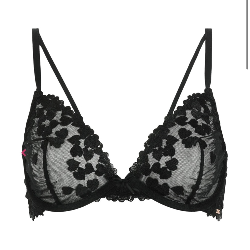 NEW Love Vera Embroidered Heart Unlined Plunge Bra Mesh Sheer Black 34DDD NWT